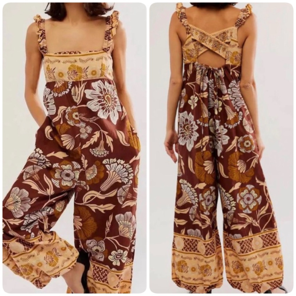 Free People Bali Albright Floral Jumpsuit Brown Coffee Combo Harem Leg Medium M